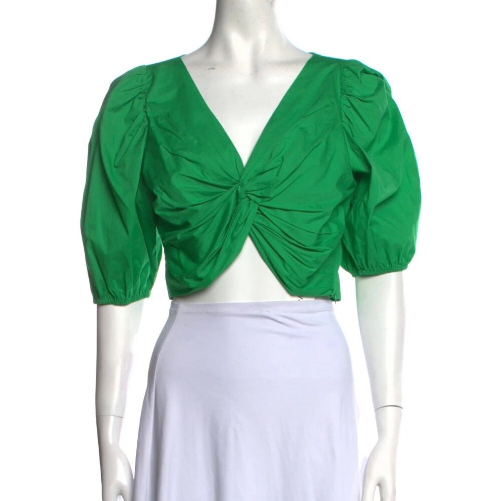 Jason Wu Emerald Green Twist Front Short Puff Sleeve Crop Top